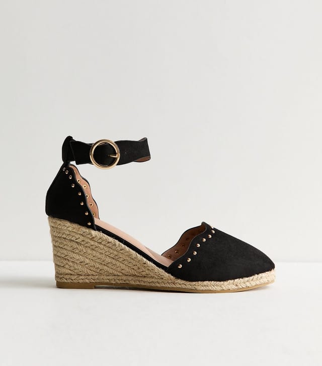 New Look Women's Wide Fit Black Faux Suede Studded Scallop Trim Espadrille Wedges Vegan New Look - 2