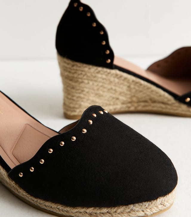 New Look Women's Wide Fit Black Faux Suede Studded Scallop Trim Espadrille Wedges Vegan New Look - 3