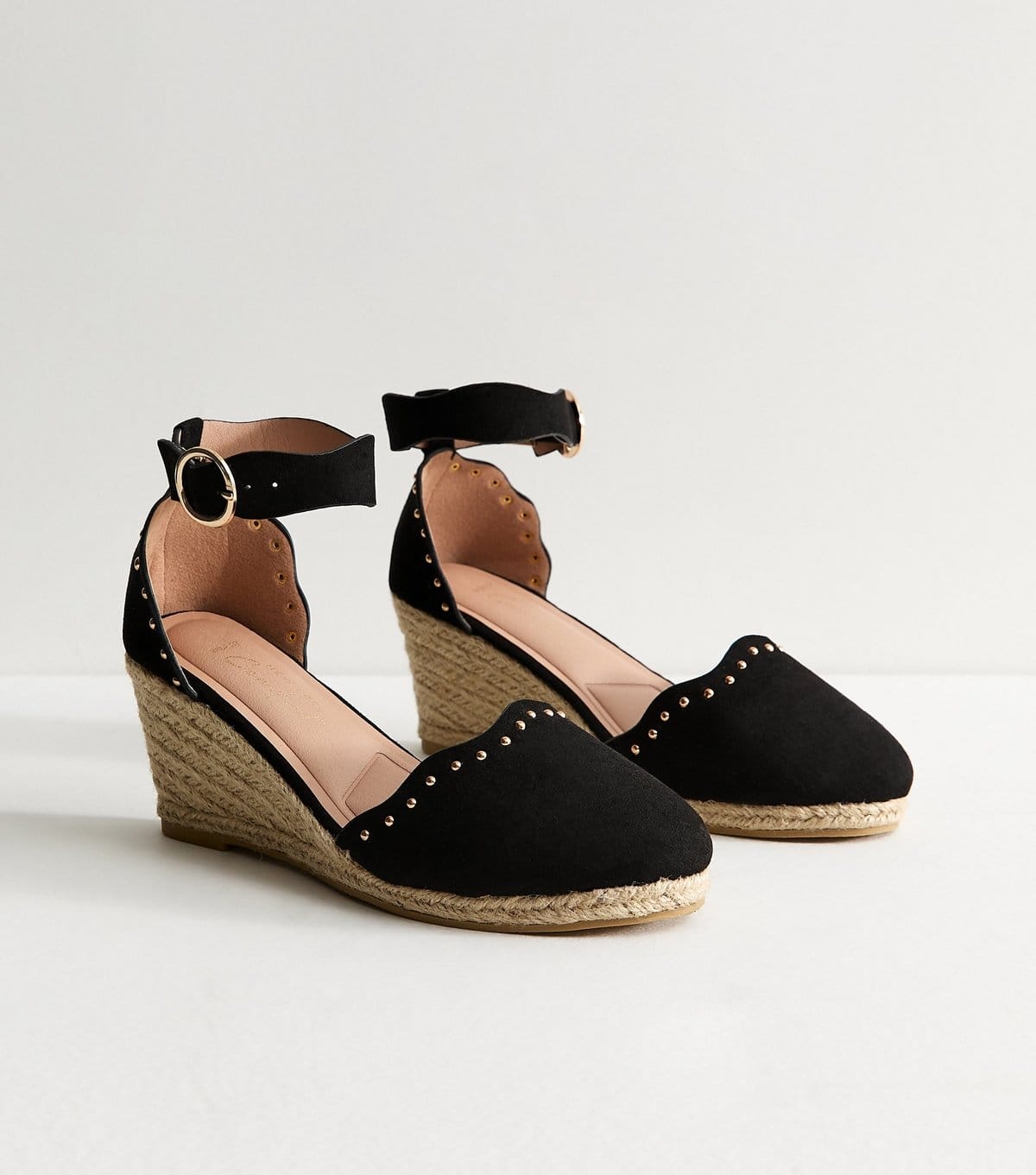 New Look Women's Wide Fit Black Faux Suede Studded Scallop Trim Espadrille Wedges Vegan New Look - 4