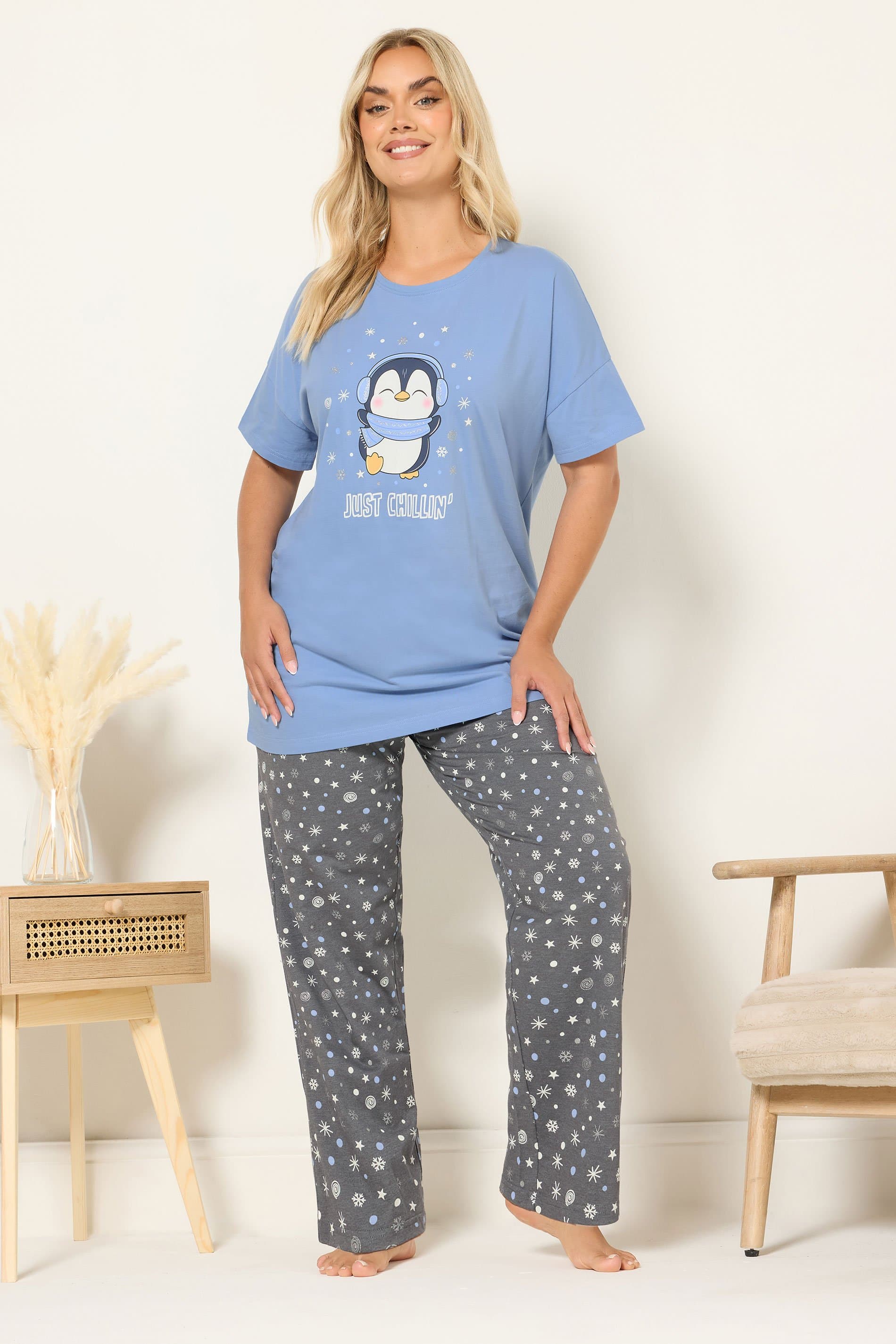 Yours Plus Size Blue 'Just Chillin' Wide Leg Pyjama Set