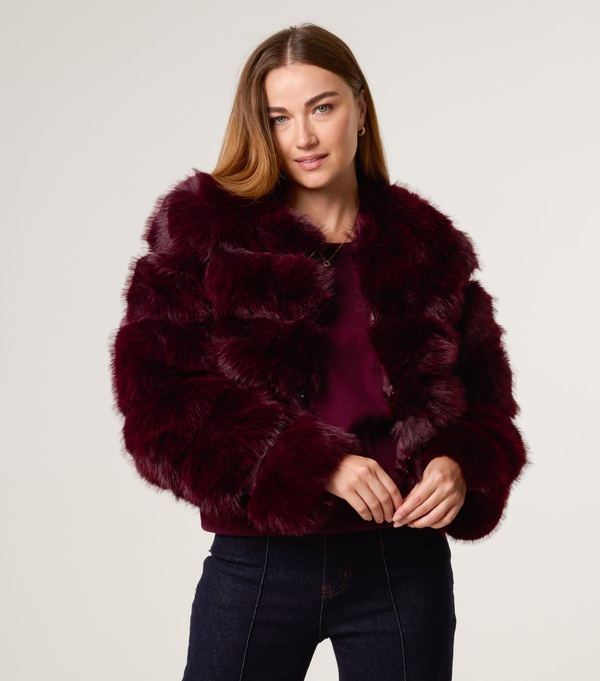 Blue Vanilla Women's Dark Burgundy Boxy Faux Fur Jacket Blue Vanilla New Look