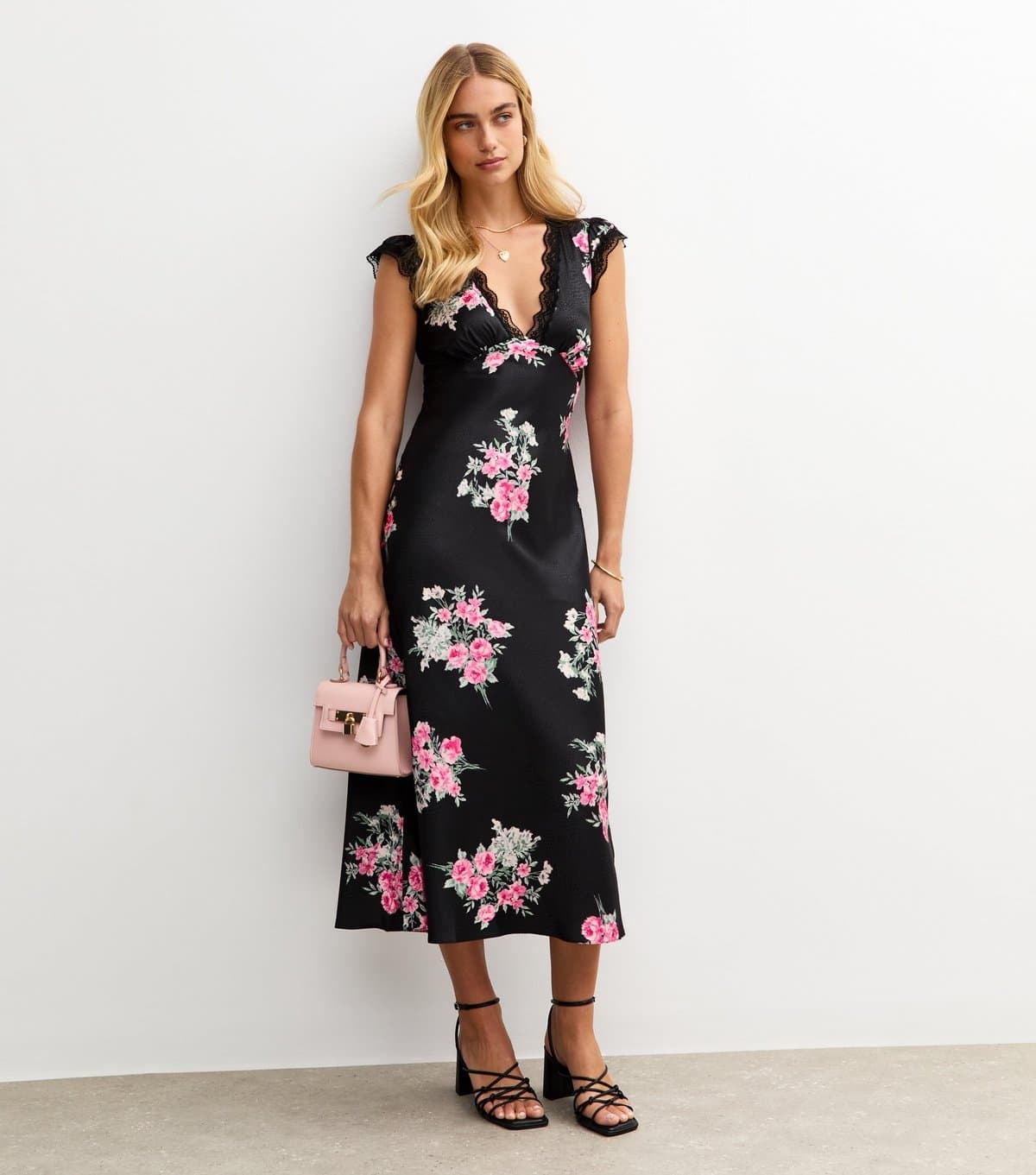 New Look Women's Black Floral Print Lace Trimmed Satin Midi Dress New Look