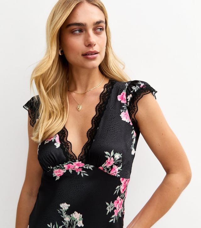 New Look Women's Black Floral Print Lace Trimmed Satin Midi Dress New Look - 2