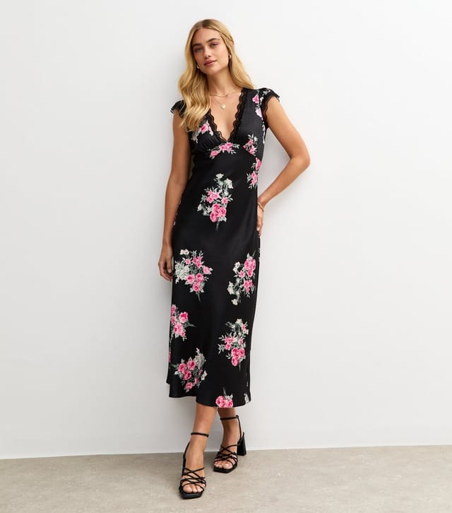 New Look Women's Black Floral Print Lace Trimmed Satin Midi Dress New Look - 3