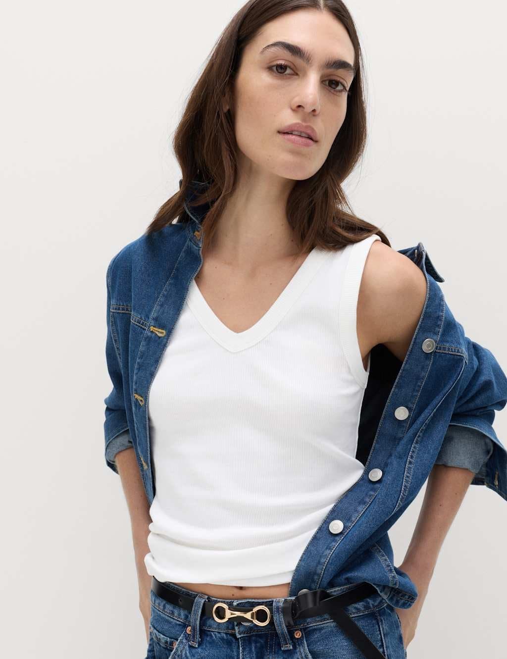 Marks & Spencer M&S Soft White Cotton-Rich Ribbed V-Neck Vest
