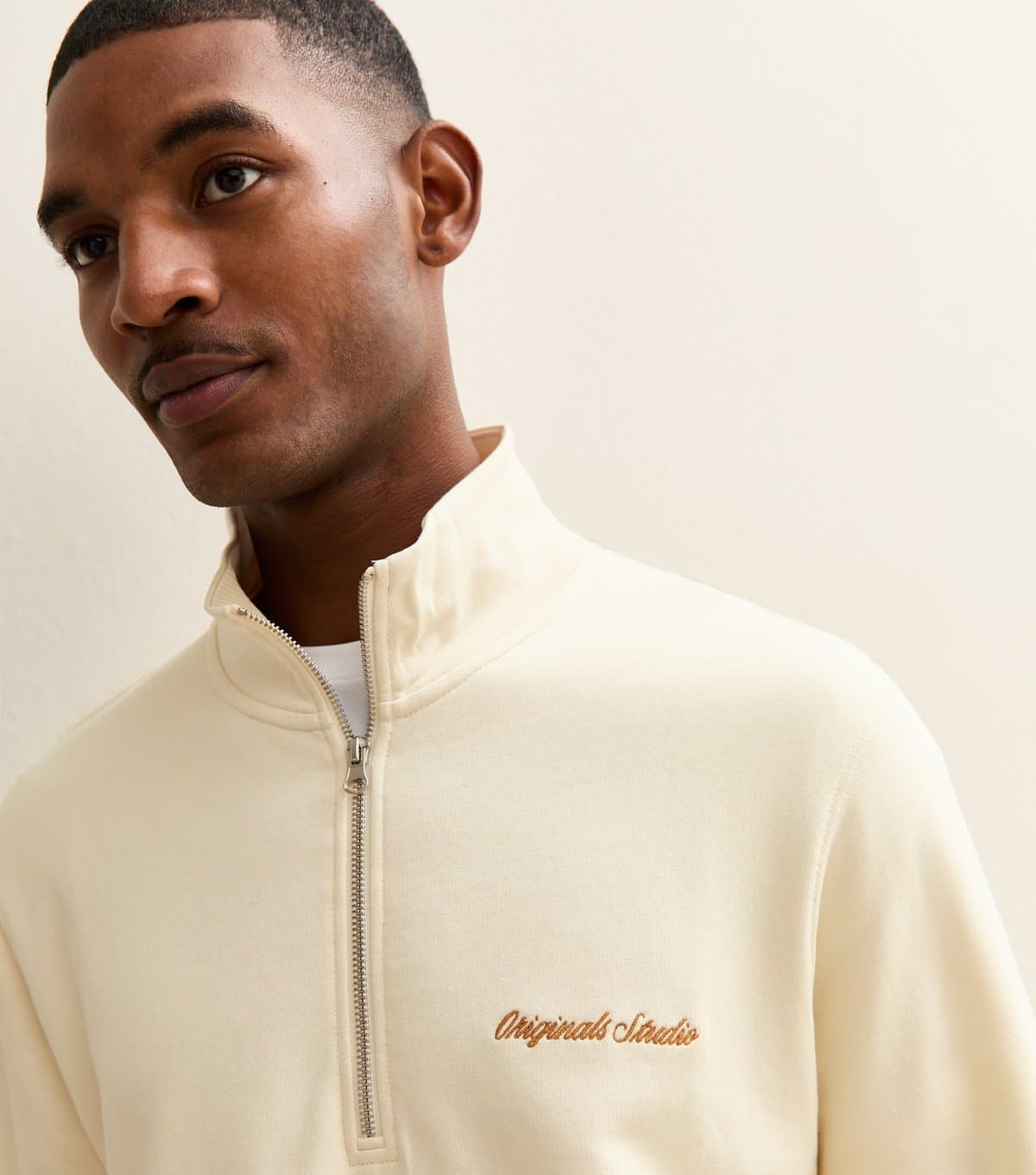 jack & jones Men's Cream Embroidered Logo Half Zip Sweatshirt Jack & Jones New Look