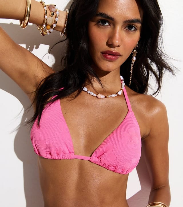 New Look Women's Bright Pink Hibiscus Jacquard Triangle Bikini Top New Look - 2