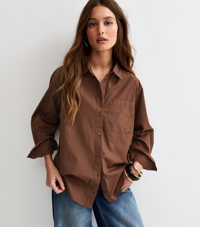 New Look Women's Dark Brown Poplin Curved Hem Shirt New Look - 2