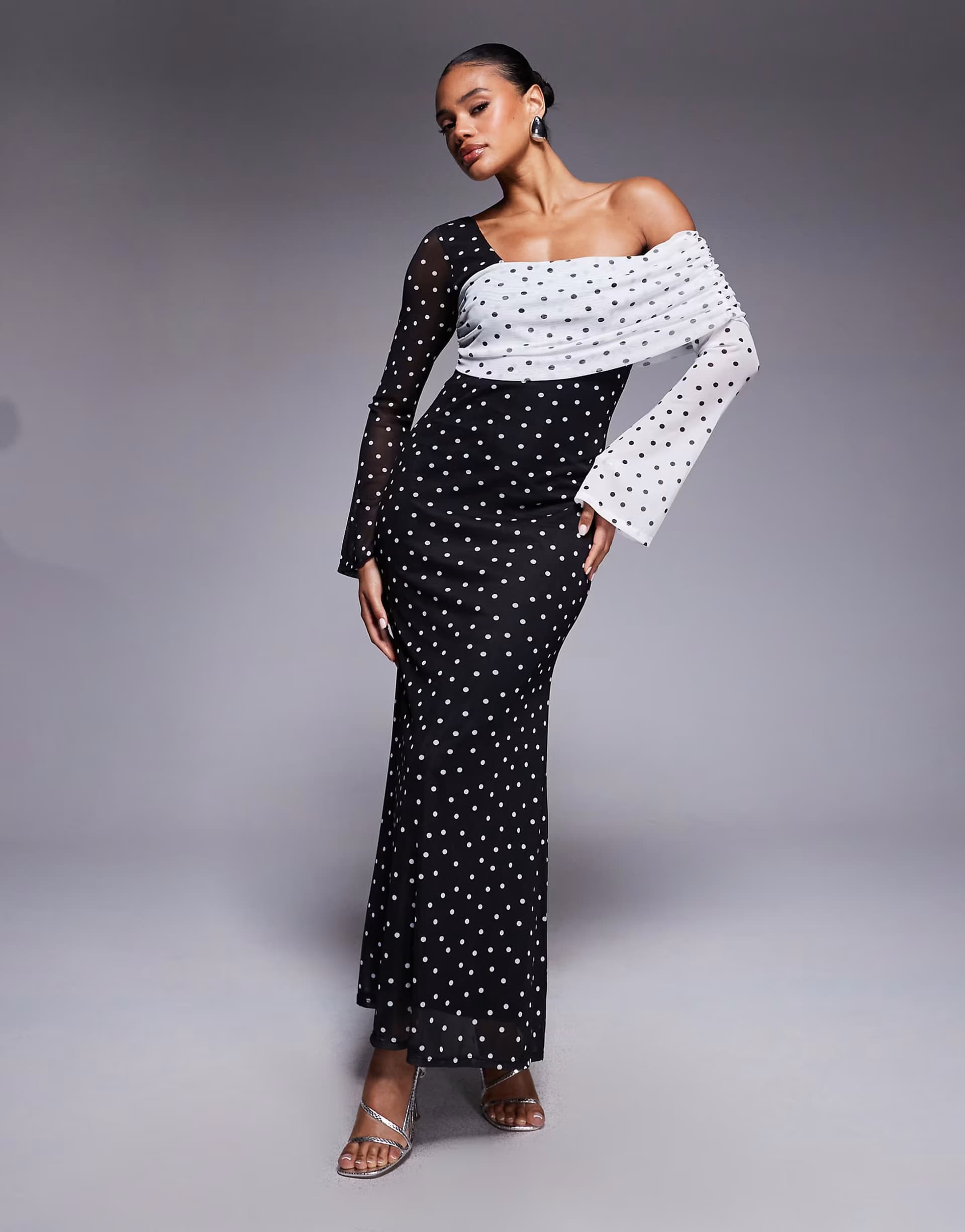 ASOS ASOS DESIGN mesh one off shoulder midi dress with sleeves in contrast polka dot print