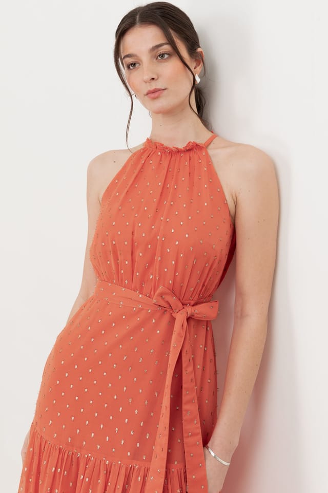 Anaya with Love Anaya with Love Women's Halter Neck Tiered Maxi Dress in Coral - 3