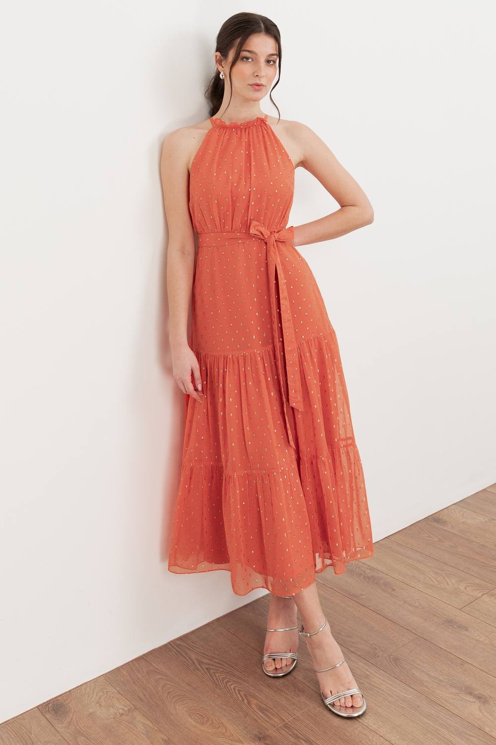 Anaya with Love Anaya with Love Women's Halter Neck Tiered Maxi Dress in Coral - 4