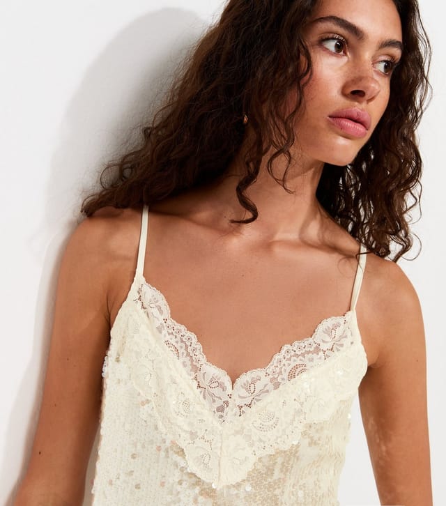 New Look Women's Cream Sequin Lace Trim Strappy Mini Dress New Look - 3
