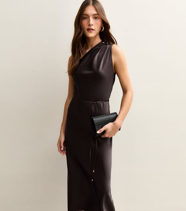 New Look Women's Dark Brown Satin One Shoulder Tie Waist Dress New Look - 3