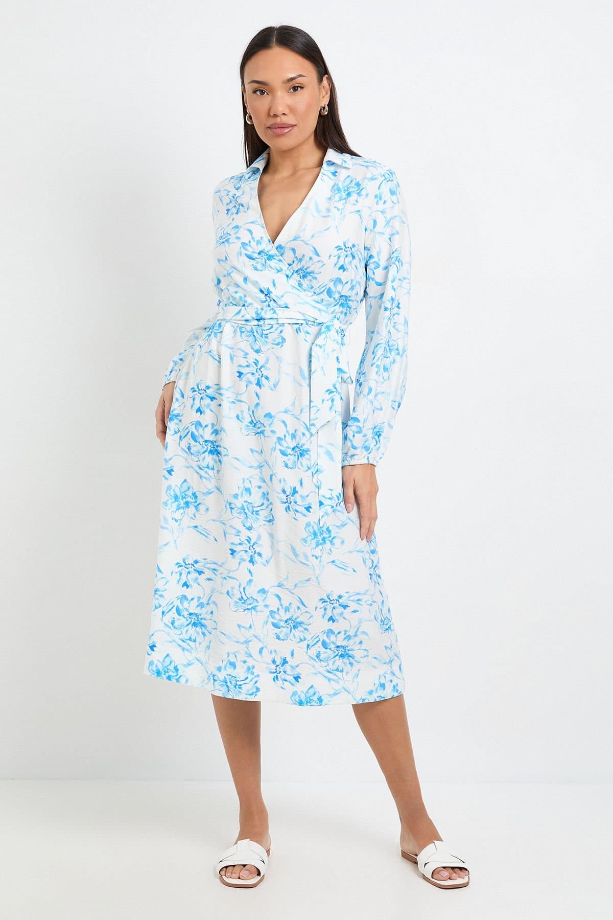 Wallis Wallis Women's Floral Wrap Midi Dress in Blue