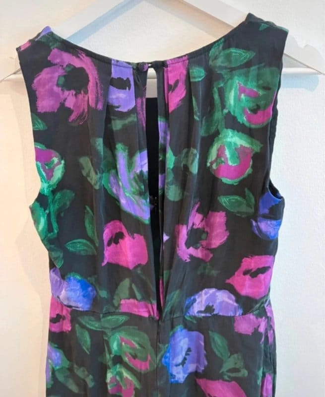Laura Ashley Vintage 90s Laura Ashley 100% Silk Floral Sheath Dress Black Pink Purple Sleeveless Midi UK 10 - 1