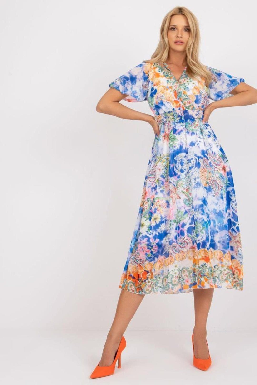 Love Lace Blue Floral Flared Midi Dress with Heart Print Belt