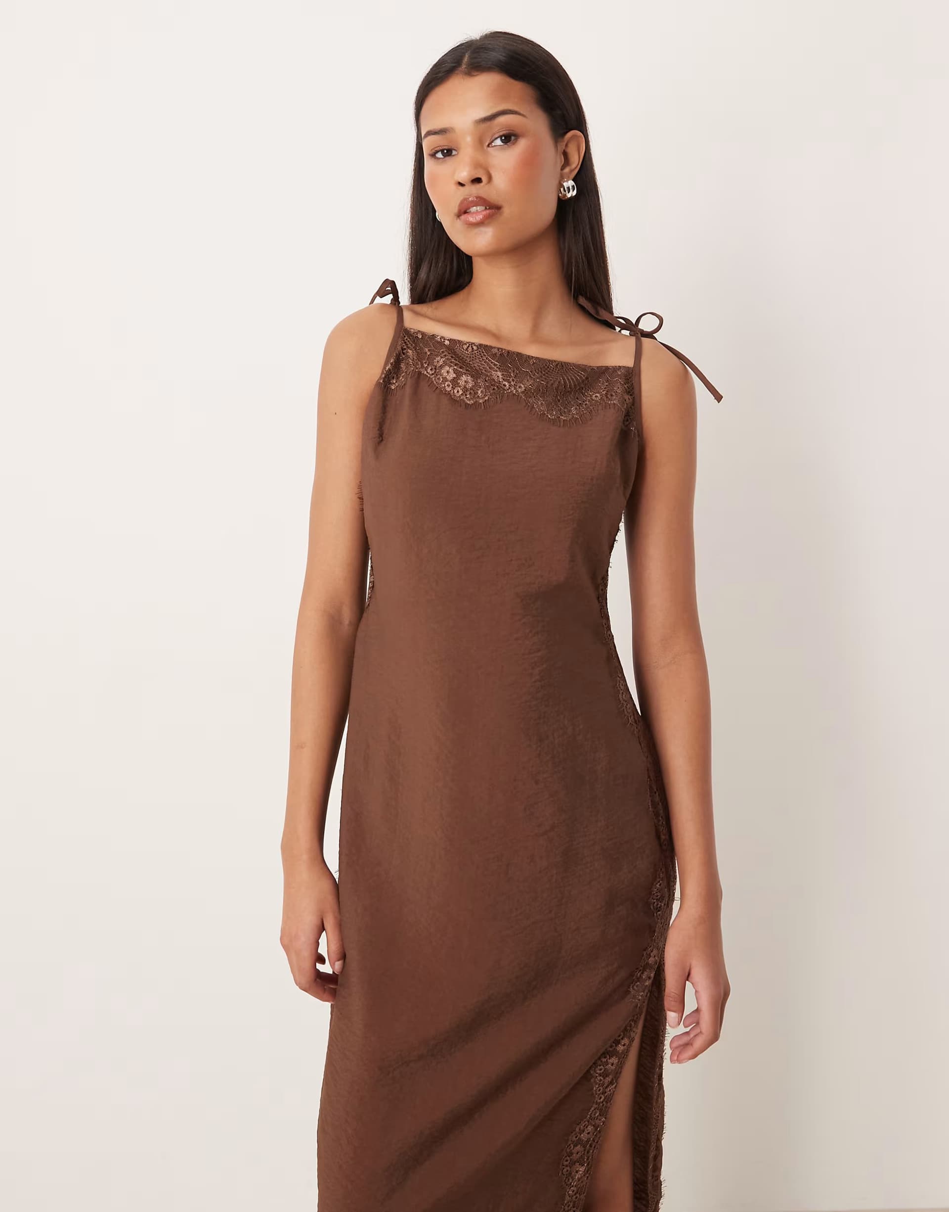 ASOS ASOS DESIGN cami square neck crinkle satin lace detail maxi dress in chocolate