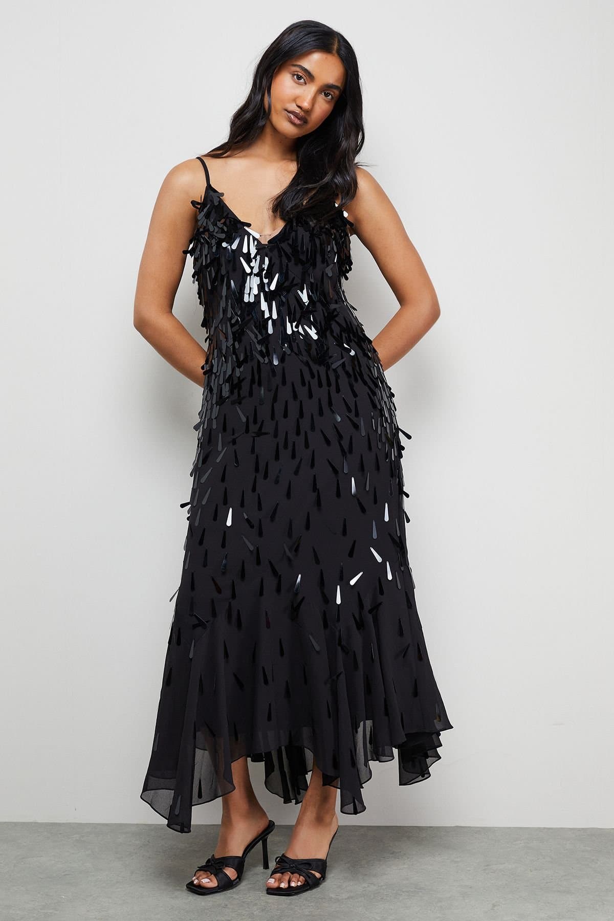 Warehouse Warehouse Women's Premium Teardrop Embellished Bias Cut Midi Dress in Black