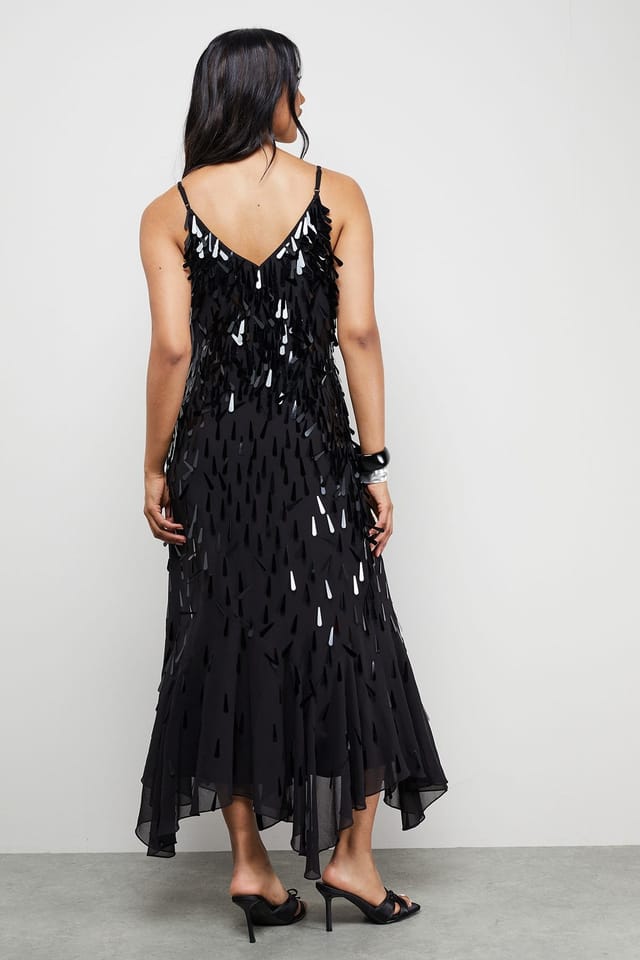 Warehouse Warehouse Women's Premium Teardrop Embellished Bias Cut Midi Dress in Black - 3