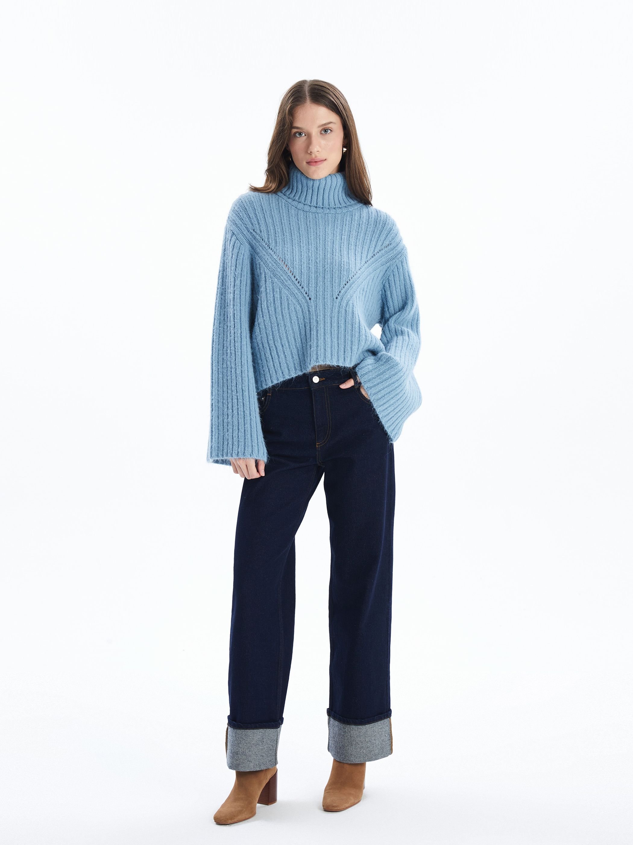 Dexia Dexia Women's Turtleneck Long Sleeve Cable Stripe Knit Detail Relaxed Jumper in Blue - 2
