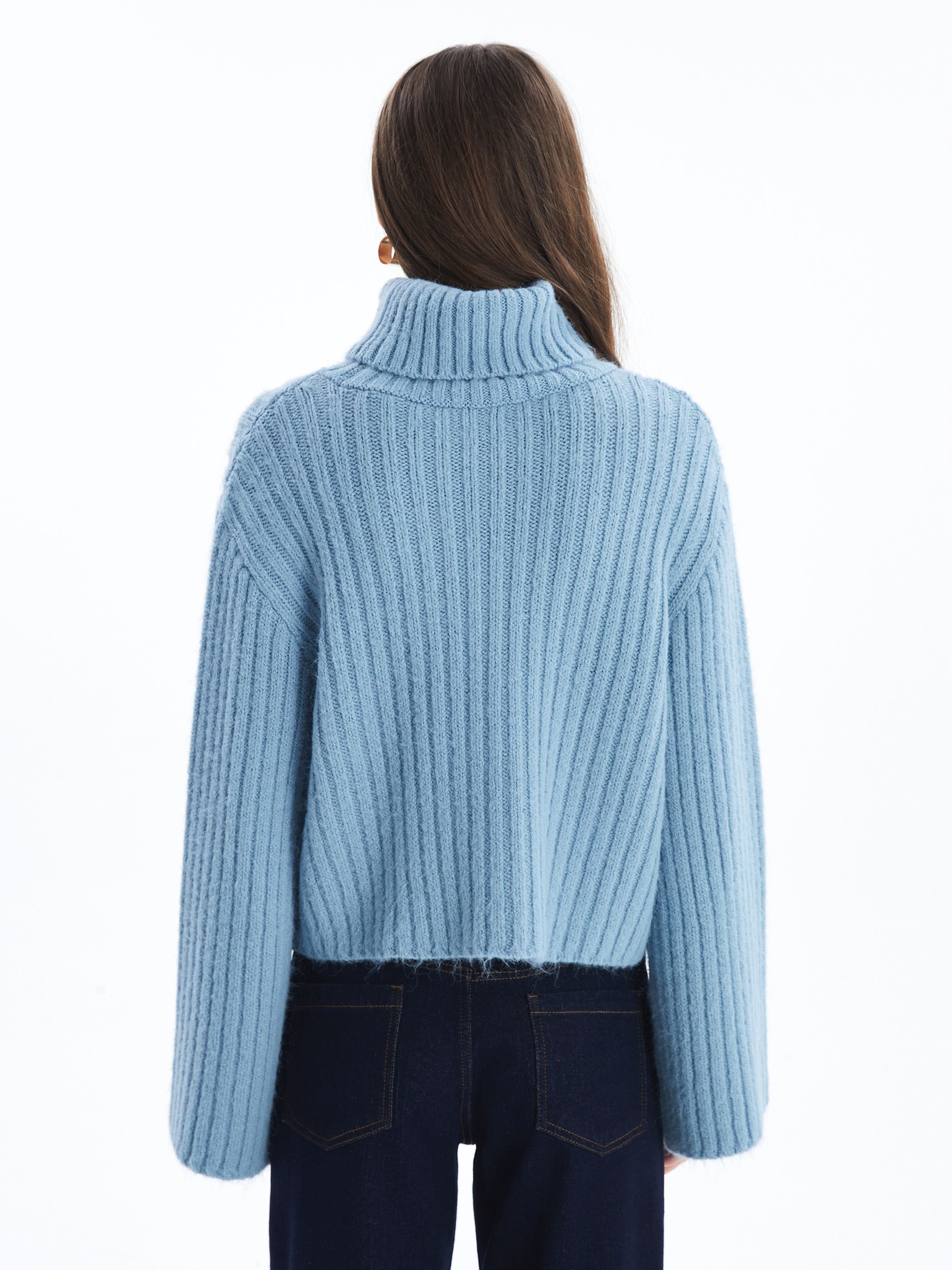 Dexia Dexia Women's Turtleneck Long Sleeve Cable Stripe Knit Detail Relaxed Jumper in Blue - 4