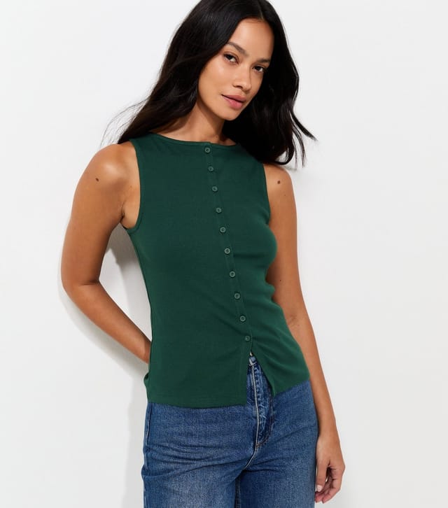 New Look Women's Dark Green Cotton Rich Button Through Tank Top New Look - 2
