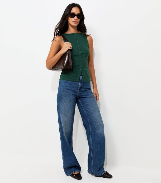 New Look Women's Dark Green Cotton Rich Button Through Tank Top New Look - 3