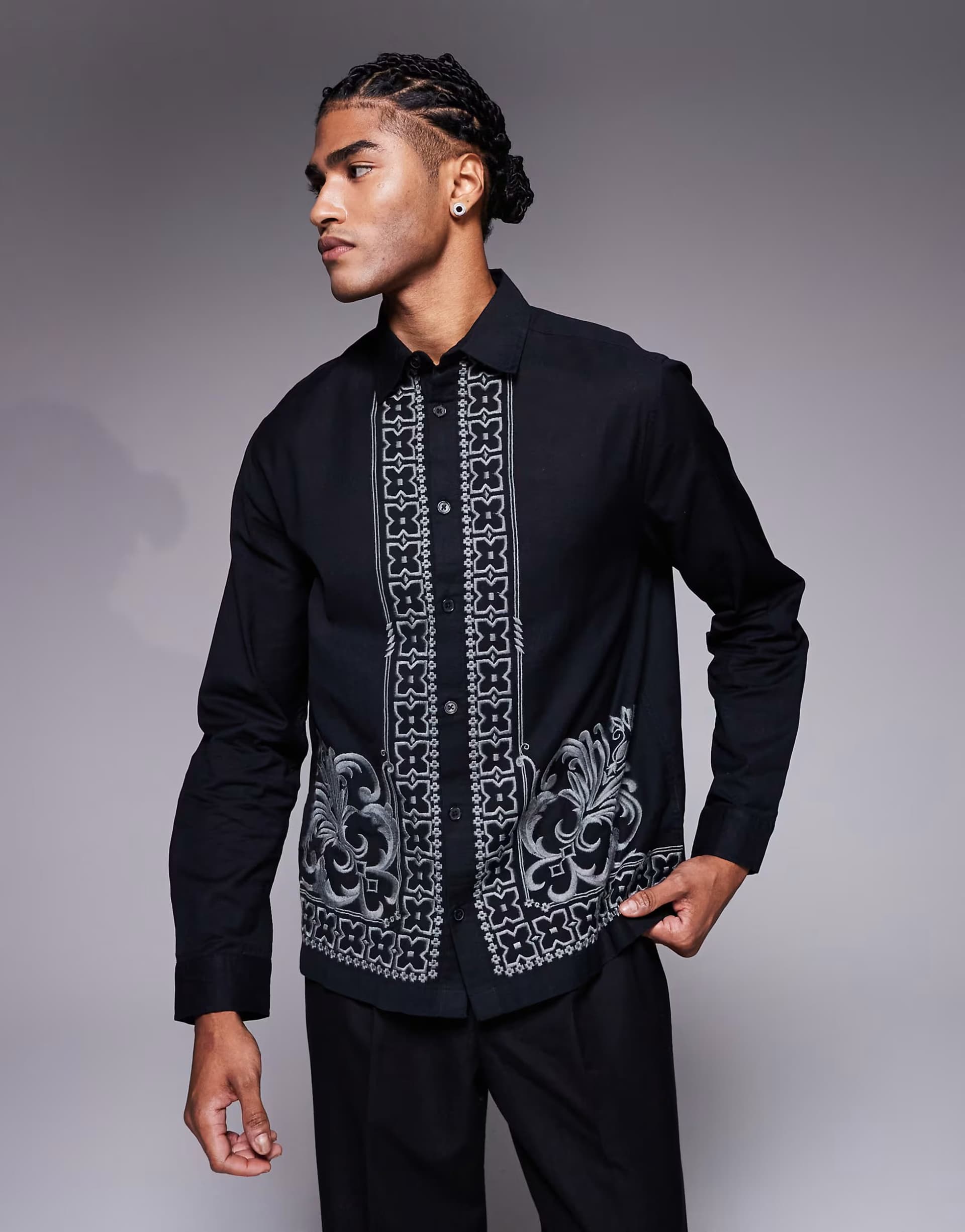 ASOS ASOS DESIGN Black Embroidered Long Sleeve Shirt
