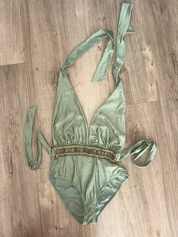ASOS ASOS Khaki halter neck swimsuit with gold body detail