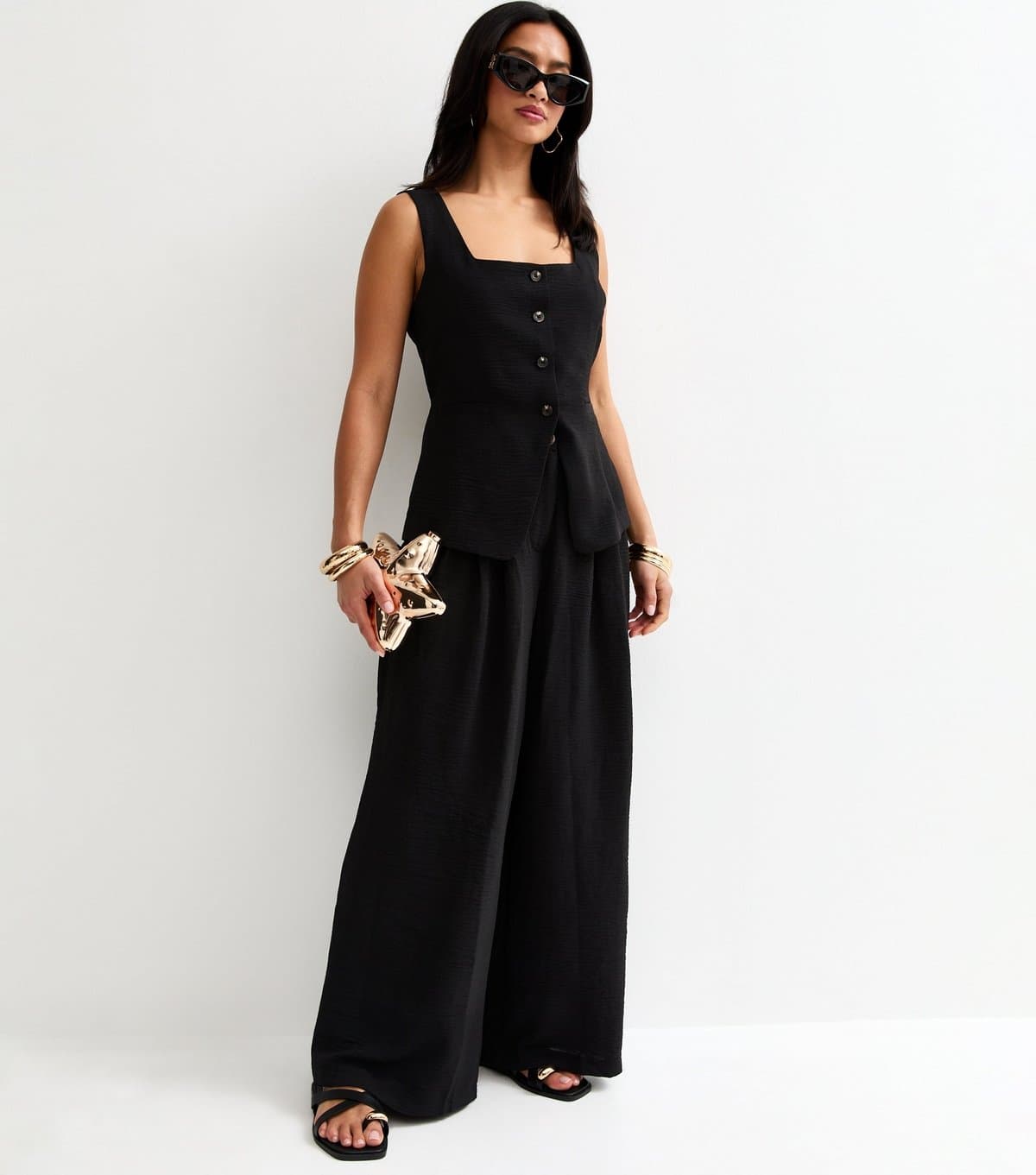 New Look Women's Petite Black Pleated Wide Leg Trousers New Look