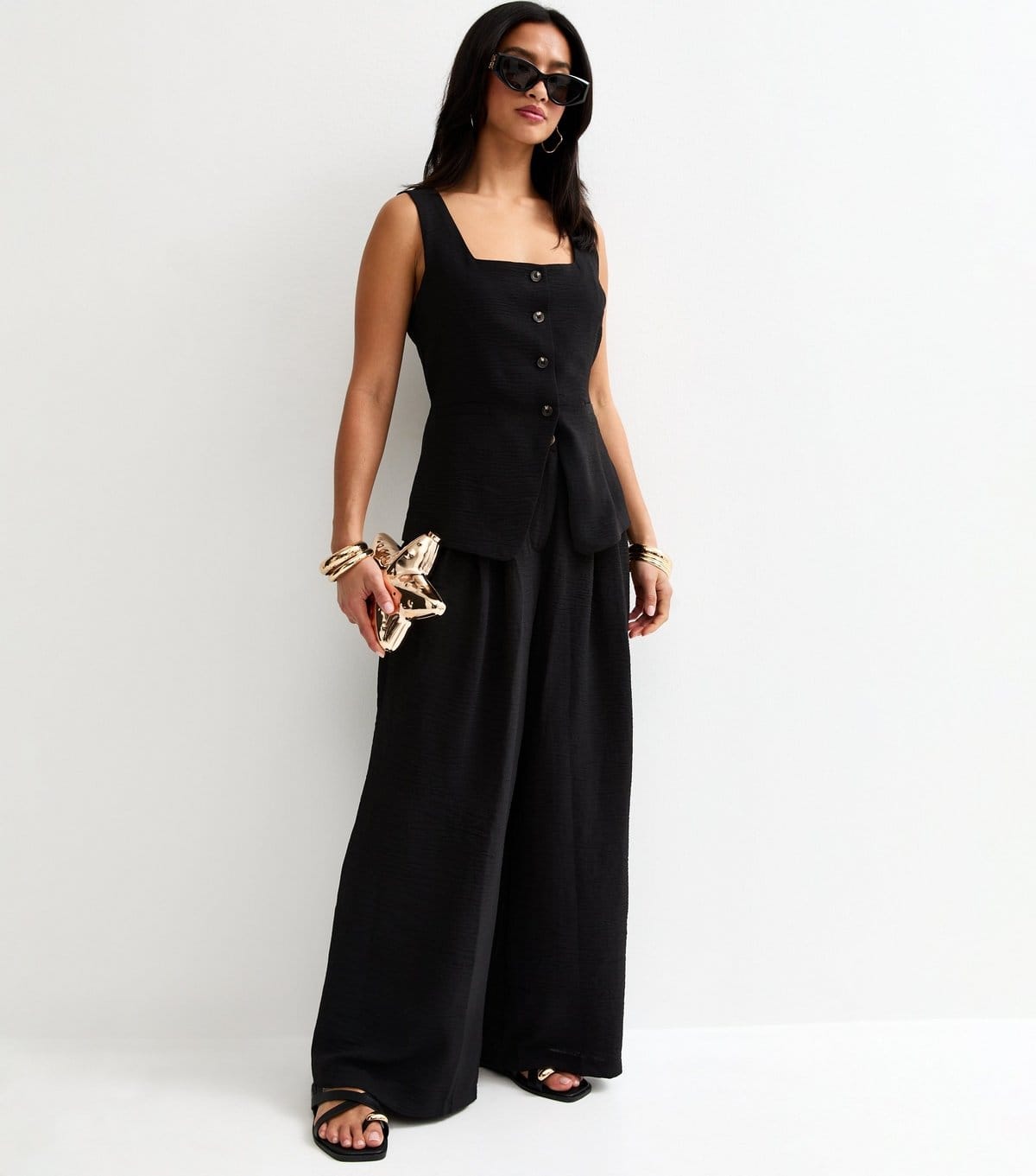 New Look Black Pleated Wide Leg Trousers for Petite Women