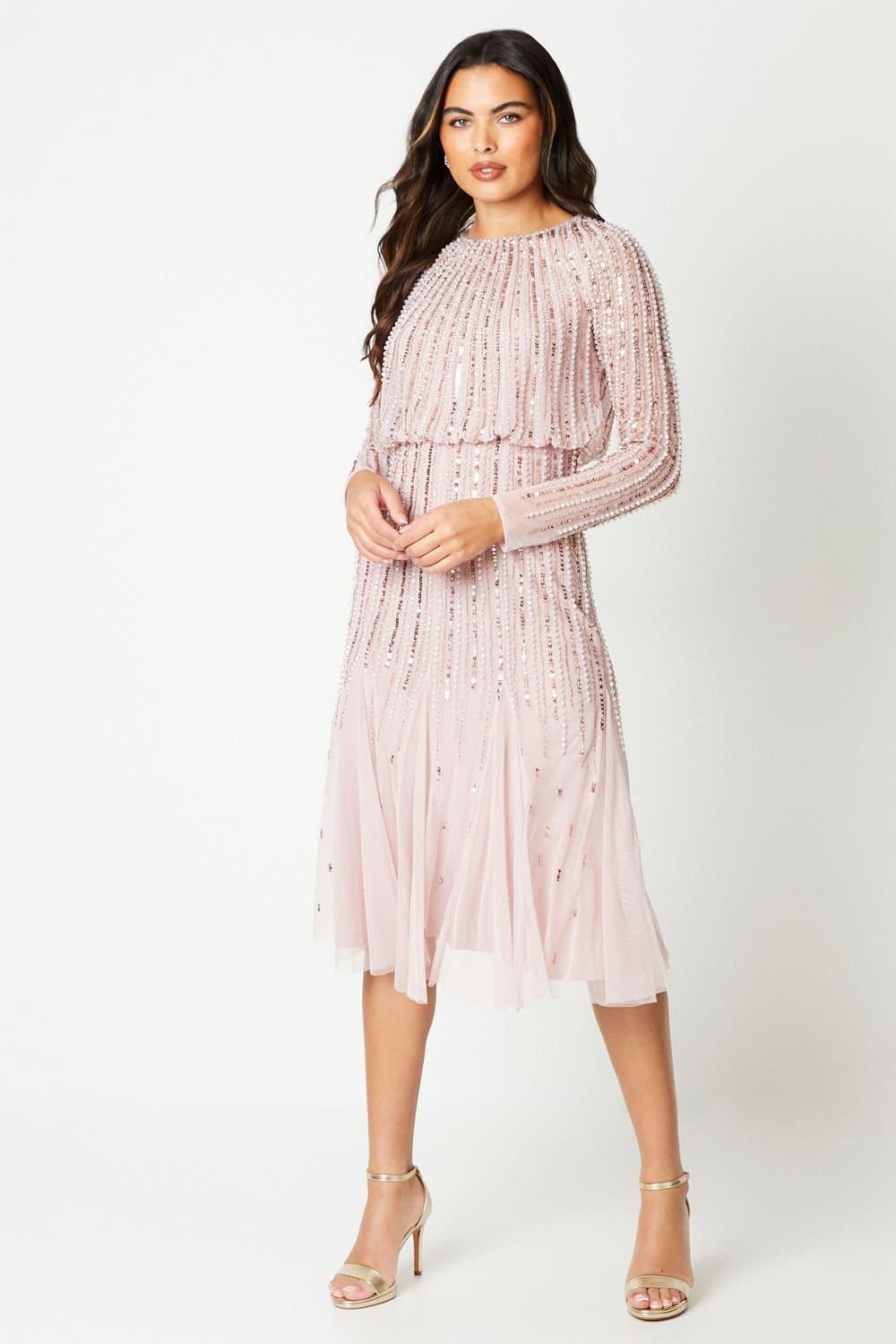 Coast Coast Women's Party Sequin Long Sleeve Midi Dress in Rose Pink
