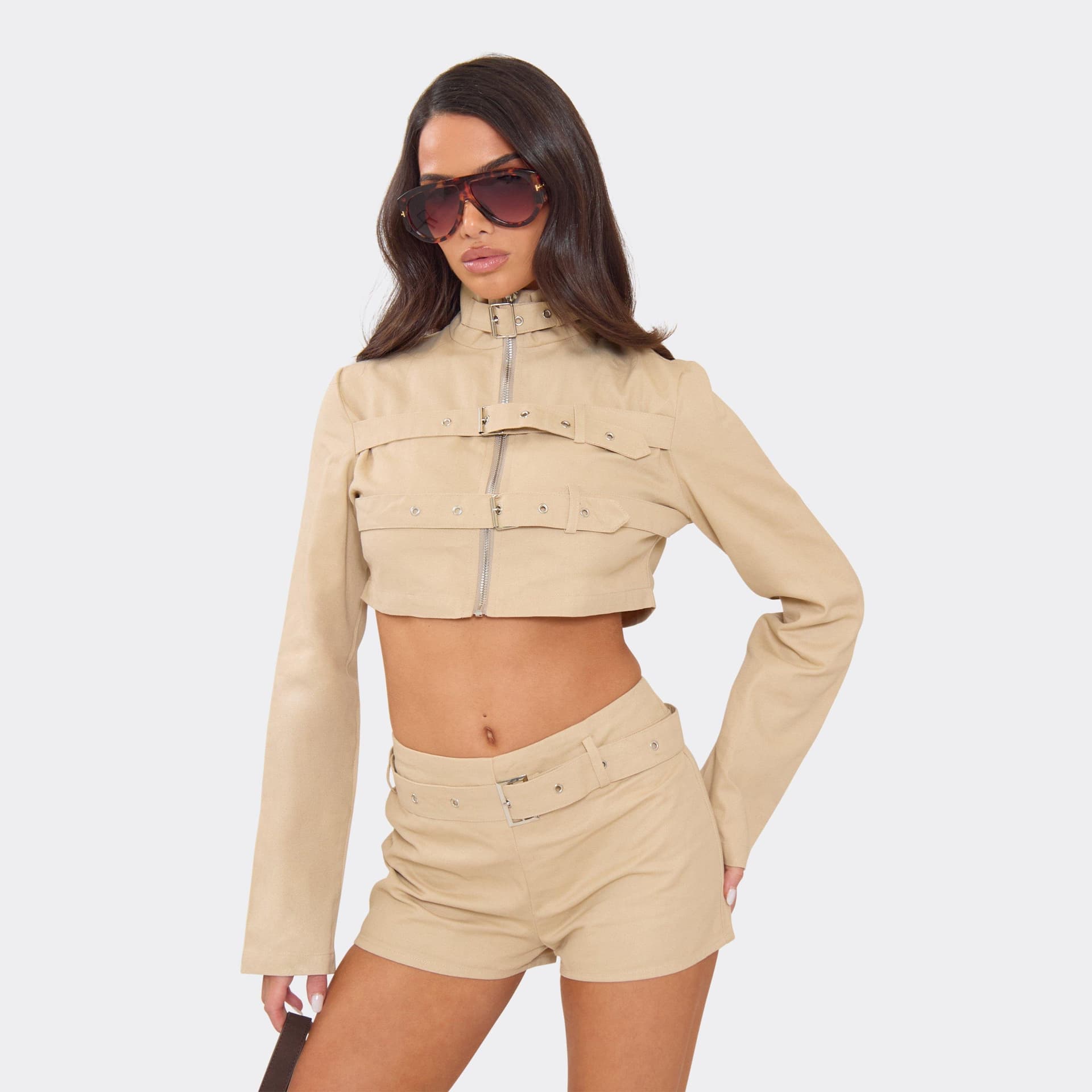 EGO High Neck Buckle Strap Detail Jacket In Beige, Women's Size UK 6