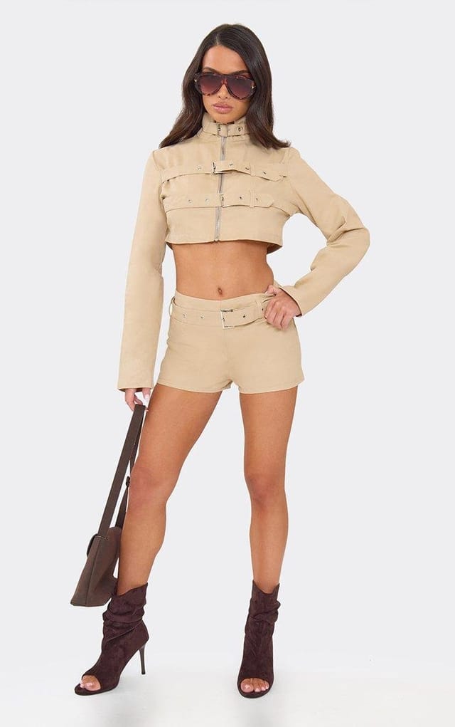 EGO High Neck Buckle Strap Detail Jacket In Beige, Women's Size UK 6 - 2