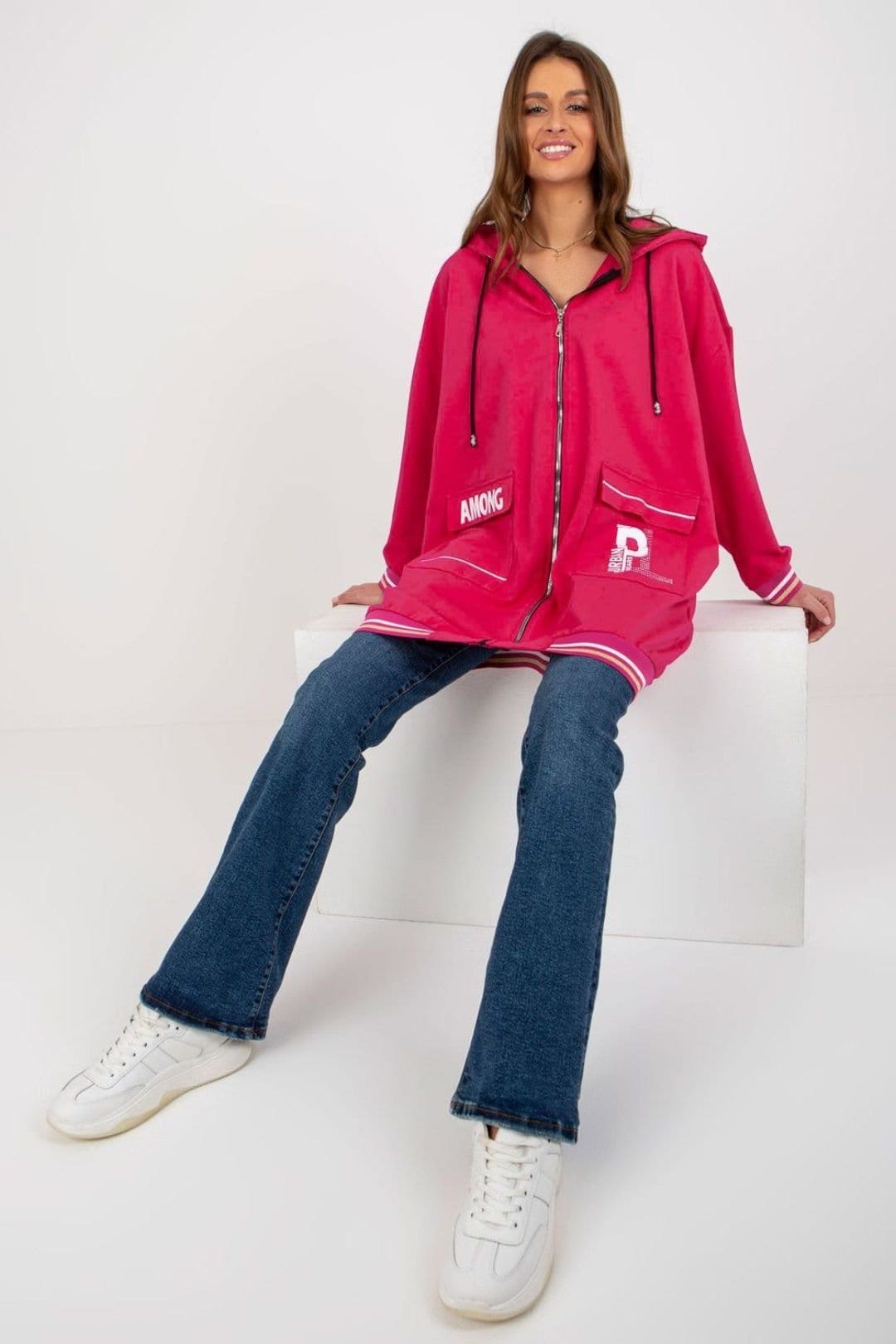 Love Lace Love Lace Women's Long Sleeve Zipper Hooded Extended Sweatshirt in Cerise - 4