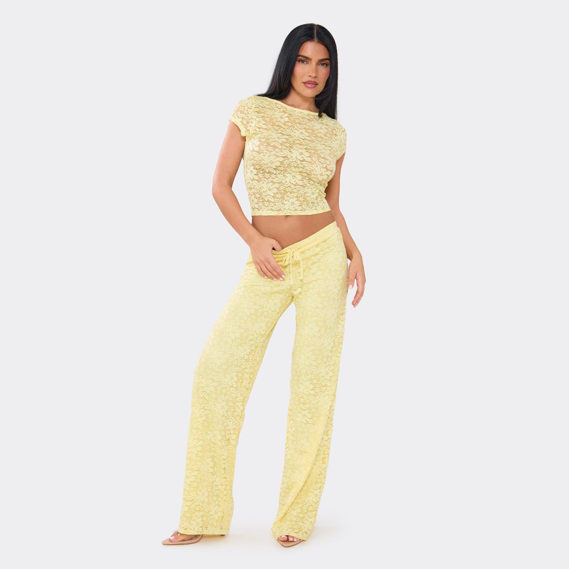 EGO Drawstring Waist Wide Leg Trousers In Lemon Lace, Women's Size UK 6