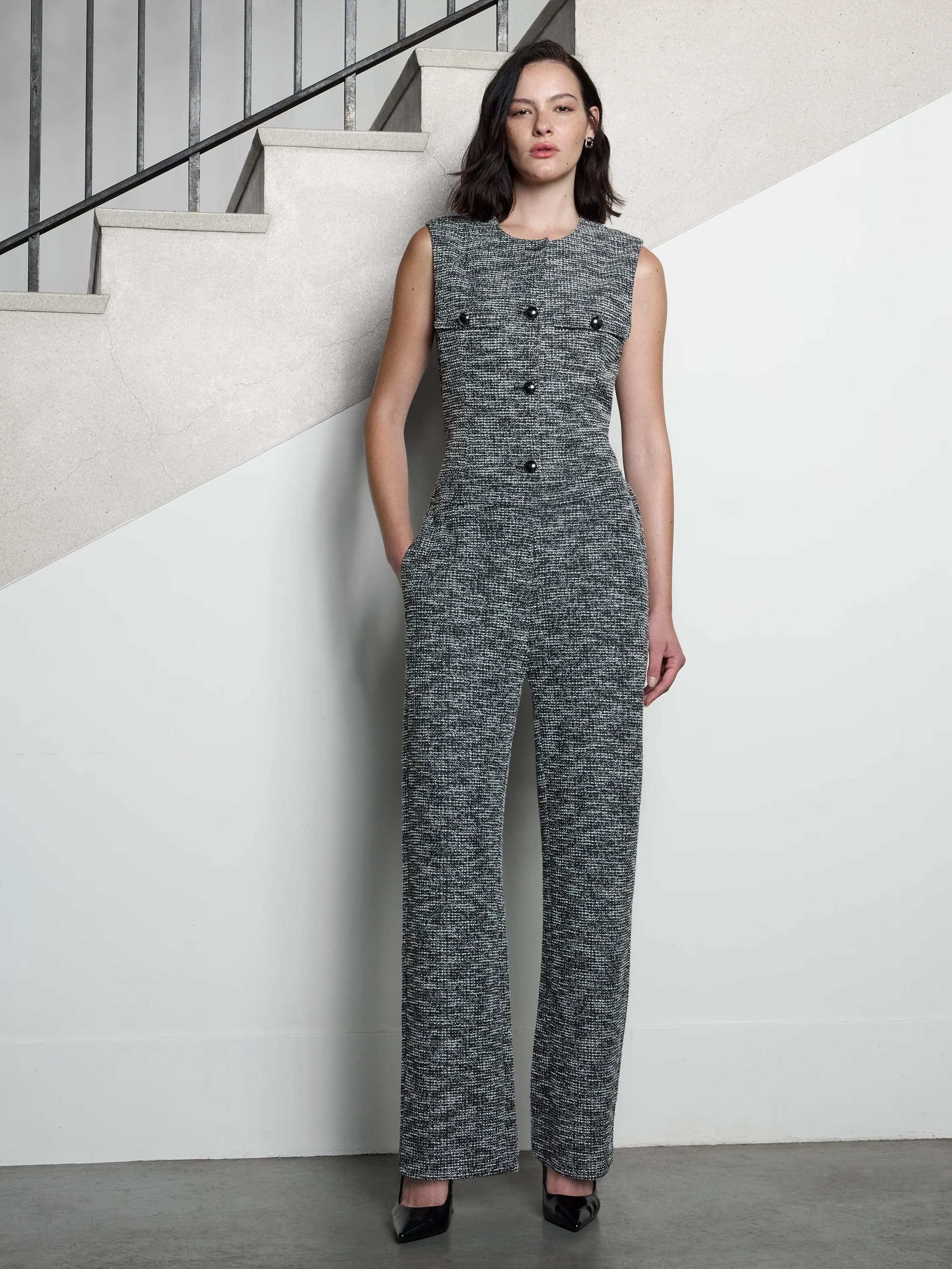 French Connection Jace Black and White Tweed Straight Leg Trousers Black Boucle