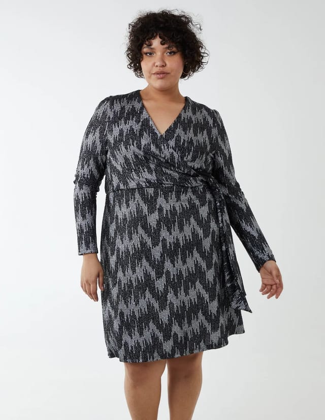 Blue Vanilla Curve Sparkly Fixed Wrap Skater Dress With Tie - 2