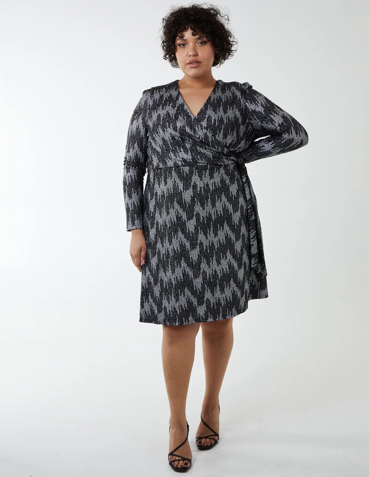 Blue Vanilla Curve Sparkly Fixed Wrap Skater Dress With Tie - 4