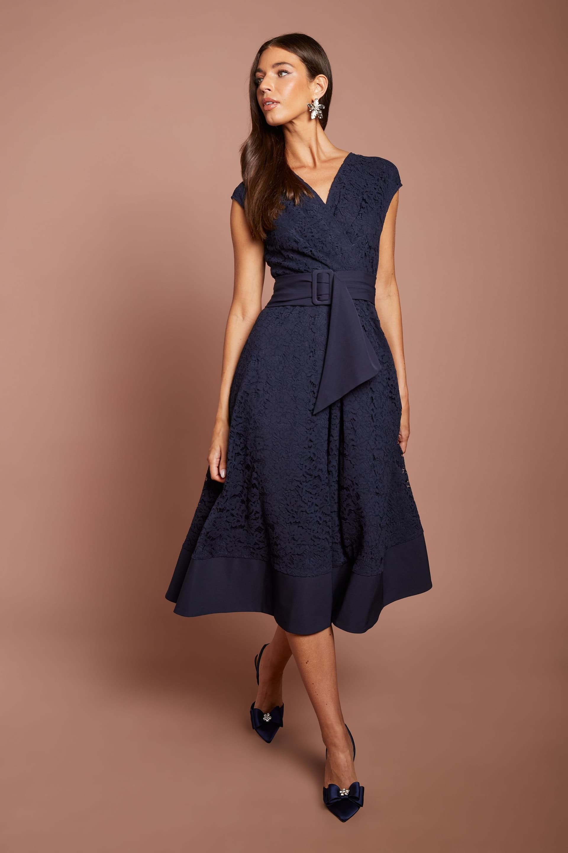 Coast Coast Women's Belted Lace Midi Dress in Navy