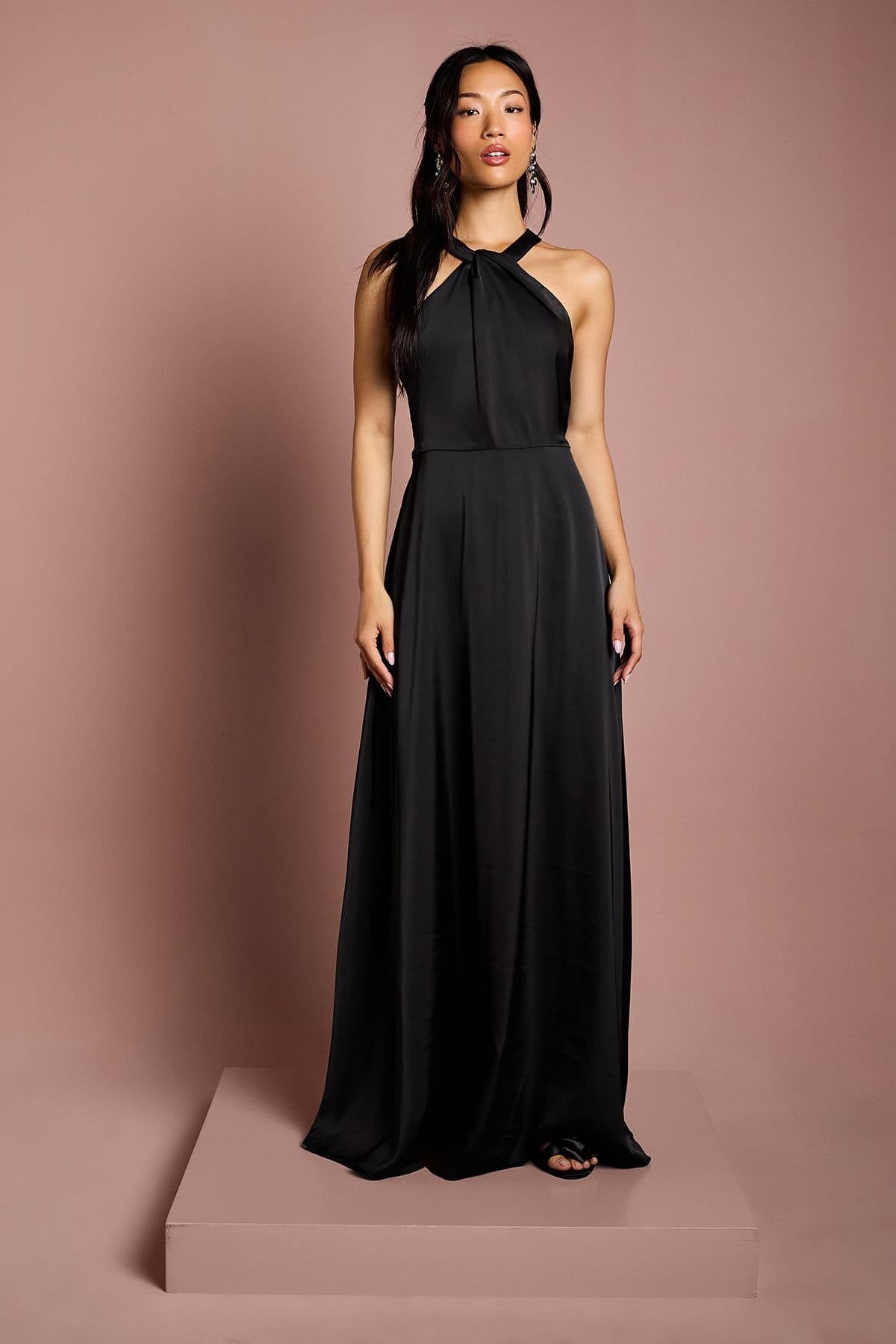Coast Black Satin Maxi Bridesmaid Dress with Twist Halterneck