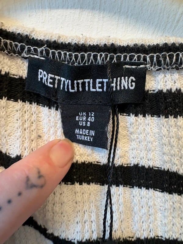 PrettyLittleThing PrettyLittleThing Stripe Knit Top UK 12 Black White Square Neck Long Sleeve Fitted 1475