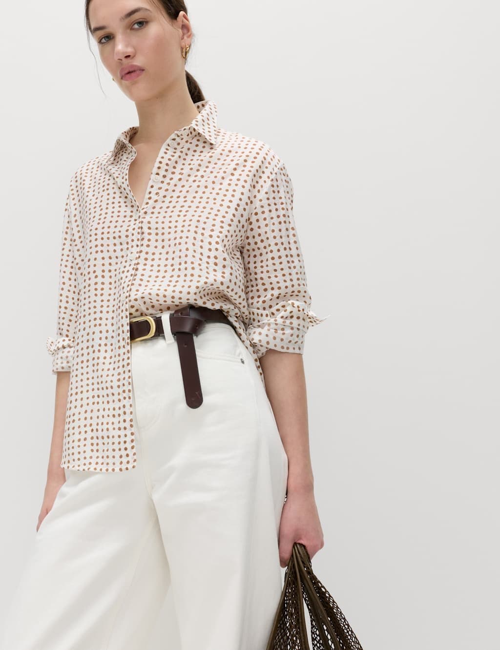 Marks & Spencer M&S Textured Print Long Sleeve Shirt Brown Mix