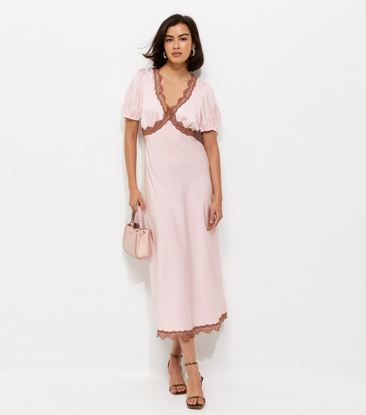 New Look Women's Light Pink Lace Trim Satin Tea Midi Dress New Look