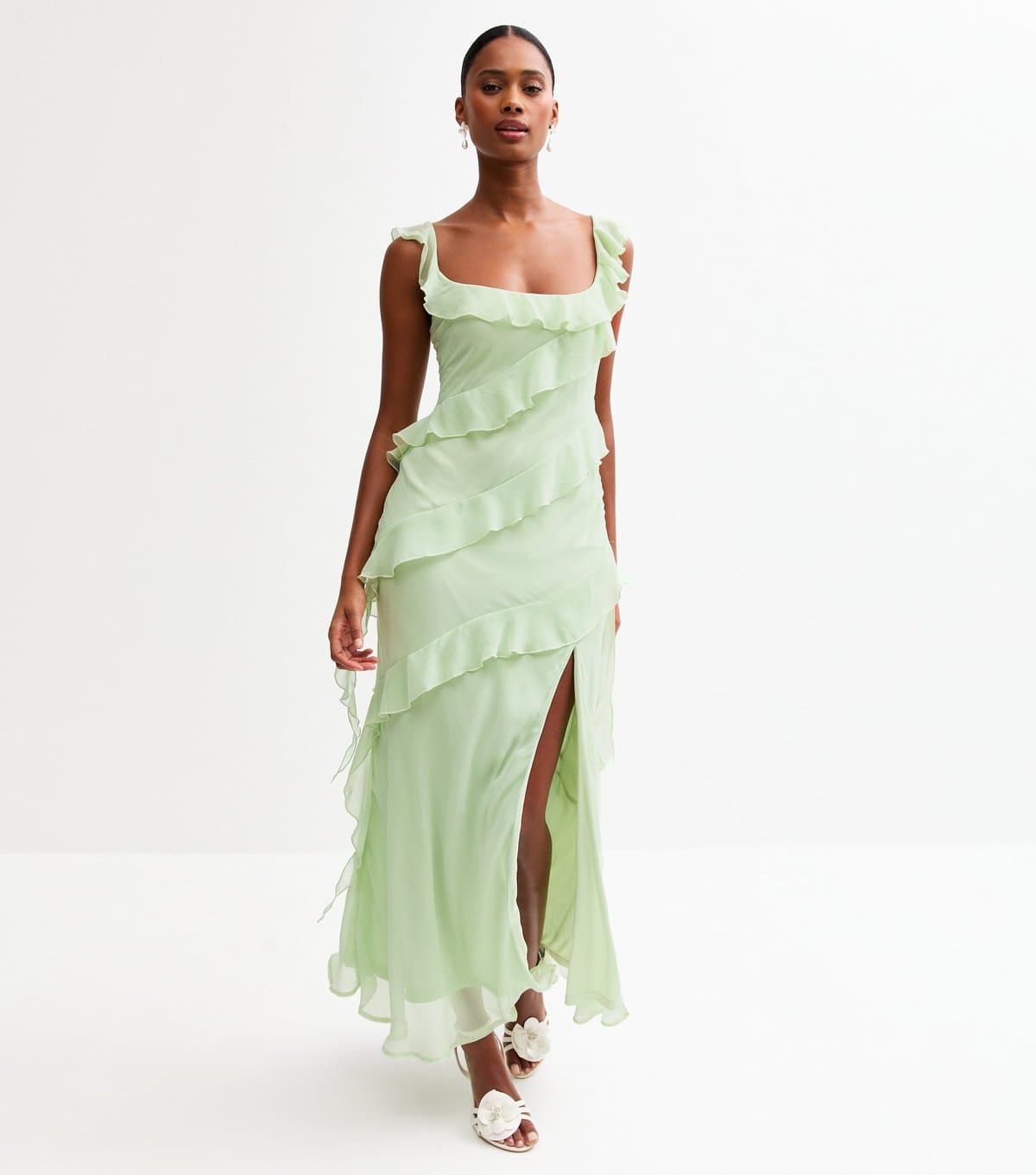 New Look Women's Light Green Asymmetric Ruffled Slit Hem Chiffon Midi Dress New Look