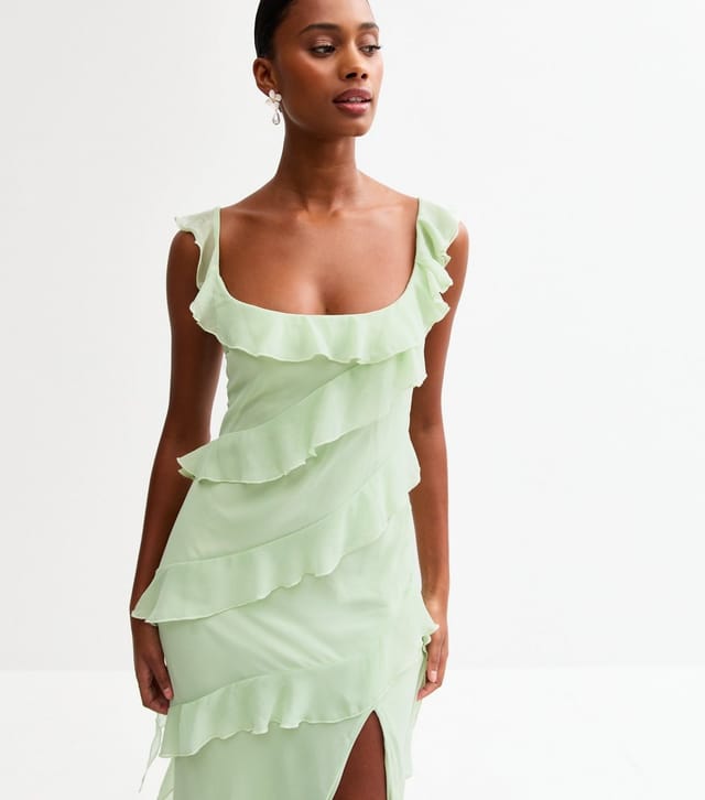New Look Women's Light Green Asymmetric Ruffled Slit Hem Chiffon Midi Dress New Look - 2
