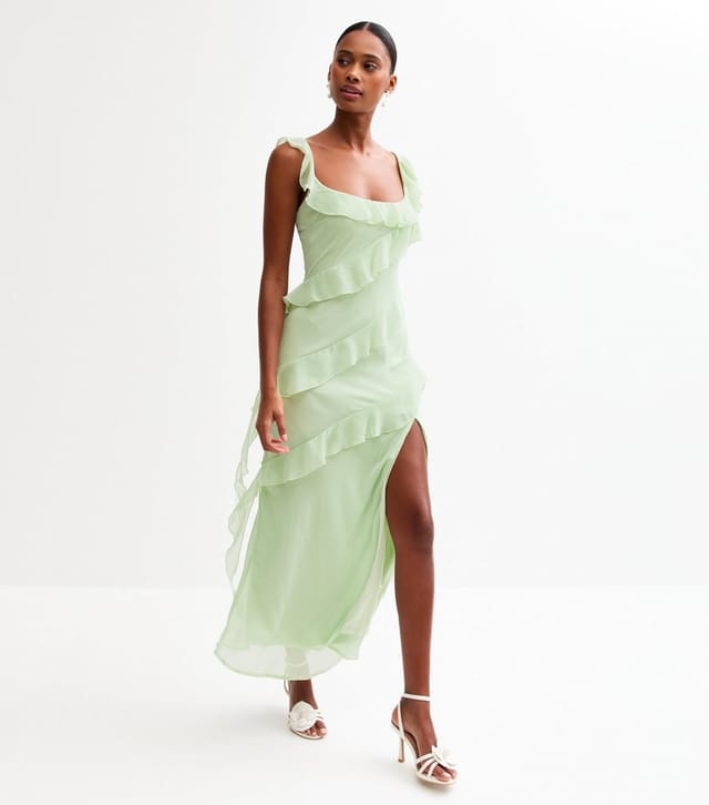 New Look Women's Light Green Asymmetric Ruffled Slit Hem Chiffon Midi Dress New Look - 3