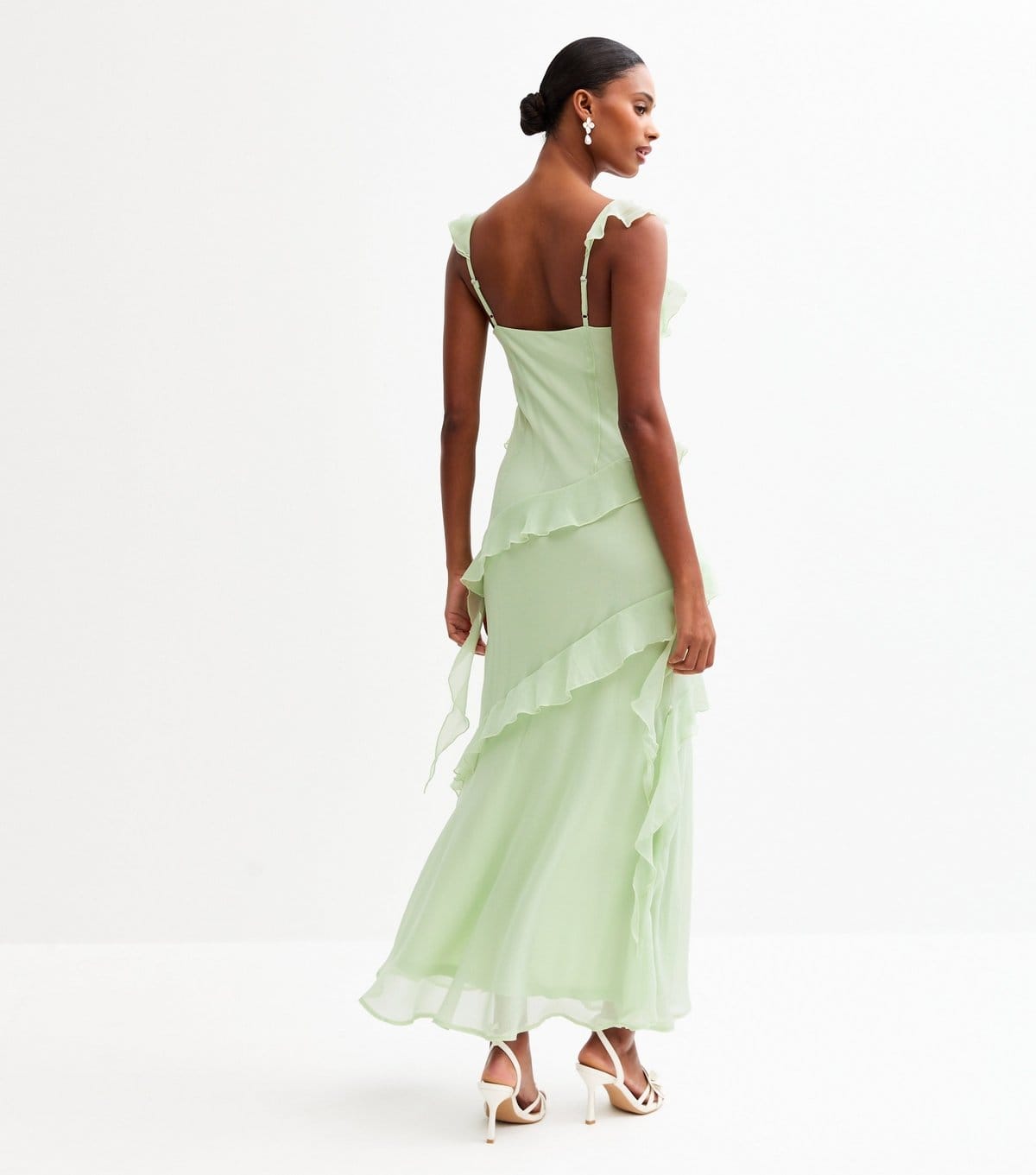 New Look Women's Light Green Asymmetric Ruffled Slit Hem Chiffon Midi Dress New Look - 4