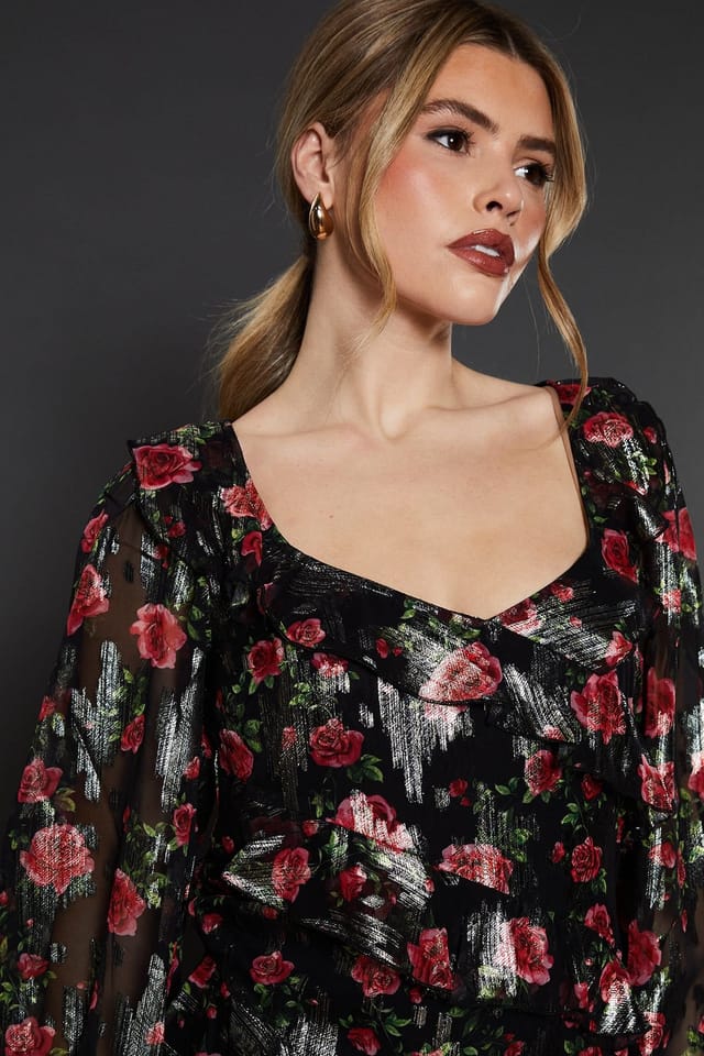 Dorothy Perkins Dorothy Perkins Women's Black Floral Ruffle Long Sleeve Chiffon Metallic Midi Dress - 2