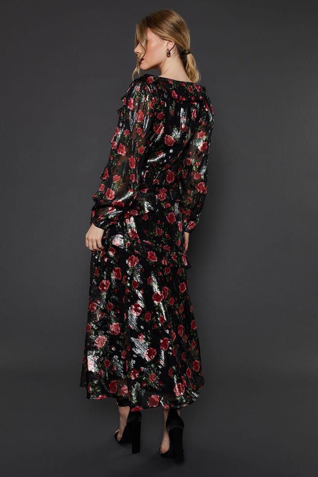 Dorothy Perkins Dorothy Perkins Women's Black Floral Ruffle Long Sleeve Chiffon Metallic Midi Dress - 3